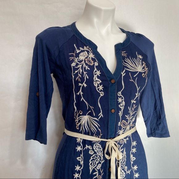 RARE ANTHROPOLOGIE TINY BLUE SILVER EMBROIDERED SASH PANEL FAIRY BOHO DRESS - Picture 14 of 14